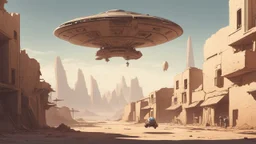 Small, sleek cargo spaceship, built like a teardrop, landing in a wide empty ruined alien street, blue sky