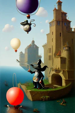 The Plague Doctor and a Mouse happily lost down the river attracted by mutual appreciation of their artistic desires in Balloon world, art by Magritte