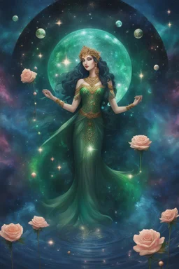 The beautiful goddess of healing and well-being stands on a land of pure water embellished with emeralds. And glass rose trees. And a name. Colored with stars and planets