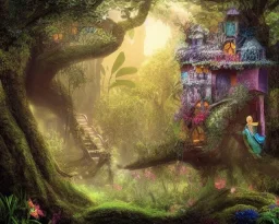 mystical house on a hot tropical island, fantasy art, surreal art, beautiful little fairies sitting on the trees,