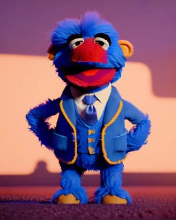 Waist up Portrait, joe Biden as muppet Sesame Street, Blue suit retro style, photo studio, city background, unreal engine 5, concept art, art station, god lights, ray tracing, RTX, lumen lighting, ultra detail, volumetric lighting, 3d.