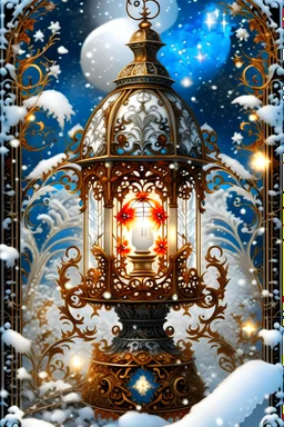 Snow covered Christmas rwte gótika decadent style llantern in the snow with decadent angel wings on it portrait adrned with beautiful white decadent gothica floral embossed ornated, style Floral embossed Golden metallic filigree Merry Christmas subtitle text ribbed with red zafire mineral stone and obsidian black glitter anndopal glitter, ad rcoco style christmas bells and christmas candles lights backround organic bio spinal ribbed detail of bokeh dark decadetothica christmas lights and snow ba