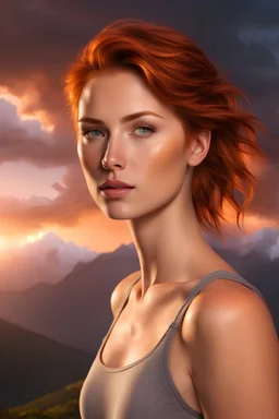 Photorealistic image of young woman with reddish hair, wearing shorts, 8K UHD, mountain and orange lightning clouds in the background, looking at camera, rim lighting, studio lighting, high detailed skin, skin pores, freckles, ultra quality
