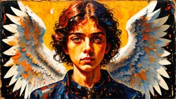 old worn postcard, Portrait Light and darkness in one person, angel and demon in one person, abstract art additional colors small details,