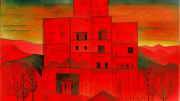 A red fiery vampiric fortress designed in Mayan architecture painted by Paul Klee