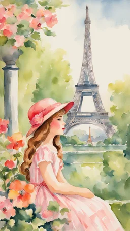 Anne Shirley, vintage, 10 years old, summer, pretty face, beautiful flowers, Eiffel Tower in the background, flowers, colorful, watercolor, watercolor painting, beautiful painting, watercolor detailed art, post card