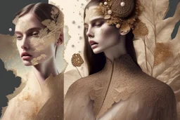 double exposure, merged layers, Beautiful composition of different fabrics, embroidered tulle with jewels, lace and raw pearls, silk, velvet, burlap, double exposure, heart, waterfall, golden glitters in sunshine