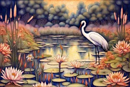 Richly textured mixed media layered painting in the styles of Georges Seurat, Samuel Palmer and Georgia O'Keeffe, a dreamy lily pond with wildflowers and lime grass, with a beautiful crane standing in the far background amidst a thicket of cattails. insanely detailed crisp HD quality. metallic pastel colours. Modifiers: Arthur Rackham Paul Klee pen and ink JAMES R. EADS dreamy expressionism 3D shading Edward Gorey metallic colors Esao Andrews Acrylic Pouring hallucinatory dramatic atmosphere and