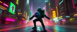 cyberpunk space city, in valley, A space priest rogue cowboy biker astronaut with disco ball rocket backpack named Dave started doing the splits, Blew a fuse in his hips and short-circuited his bits, The Martian fluffy gremlins went wild, the Plutonians dogs screamed, Even black-and-white aliens turned ultraviolet green! in the style of fallout 4 and HR Giger, background motion blur , and volume fog spot lights