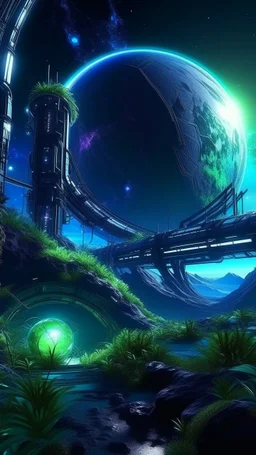 sci fi planet, space station, plants, northern lights