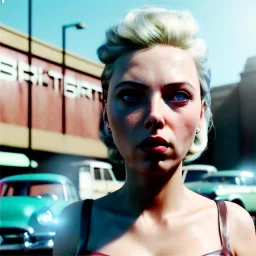 Ultra Realistic retro sci-fi movie burst Supermarket parking scene, 1960 year, waist up view portrait, blonde woman, sweet scarlet Johansson face, perfect iris, glow eyes, face makeup, tight latex coat; many panic people looking, Retro sci-fi style, soft color, highly detailed, unreal engine 5, ray tracing, RTX, lumen lighting, ultra detail, volumetric lighting, 3d, finely drawn, high definition, high resolution.