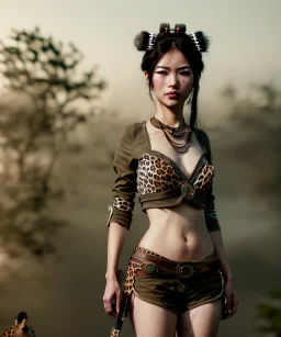 Ultra realistic, steampunk western party scene. Geisha Asian woman with leopard, waist up view, smoke, happy, color fog, people background, highly detailed, concept art, unreal engine 5, god rays, ray tracing, RTX, lumen lighting, ultra detail, volumetric lighting, 3d, finely drawn, high definition, high resolution.