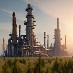 cinematic digital art portrait of ultra realistic {cyber-steam-punk style} oil gas chemical refinery plant and petrochemical industry {with rusty spots} in developing forest, supernatural scenery, seen from distance pov. Apocalypse style. In summer sunset background, ultra detailed and super focused. octane render, unreal engine, cycles, vray in 64k UHD. Award winning masterpiece trending on art station