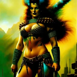 portrait oil on canvas, beautiful punk busty female Barbarian Warrior,green eyes, ,minimal armor,comic book cover, mystical colors,insanely detailed,realistic,intrincate detail, 16k resolution, masterpiece,Frank Frazetta,Alex Horley, Simon Bisley