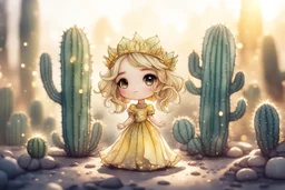 cute chibi cacti princess in sunshine, watercolor and black ink outlines, sparkling golden glitter, ethereal, cinematic postprocessing, bokeh, dof