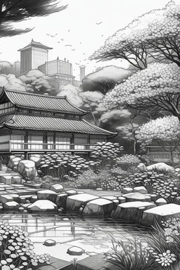 Tokyo garden in Spring abstract pencil black and white STYLE OF HIROKU OGAI