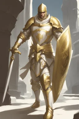 Leonin knight wearing white and gold armor, wearing a white and gold cape, holding a large sword and shield