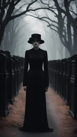 Woman in black at a horror movie style funeral