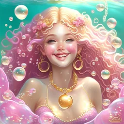 Mermaid, girl, gold scallop, smile, pink lips, necklace, bubbles, water, happiness, sea theme