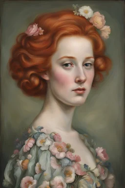 Πορτρέτο μιας γυναίκας με κόκκινα μαλλιά, φοράει φόρεμα από λουλούδια