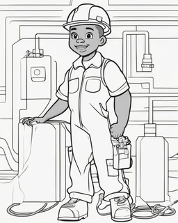 coloring page, depicting a black boy as a Electrician, full body, outline, black and white, highly defined, well defined, white background, empty background, cartoon style, coloring book style