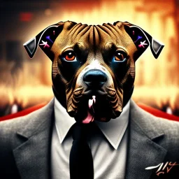  spray paint art,realistic pit bull mafia boss, holding up auto-pistol and wearing suit, city streets,run for cover, book illustration