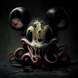 squid mickey mouse hybrid, photorealism, horror, evil, hungry, rotted, high resolution,