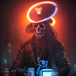 a cyberpunk hacker pirate captain skeleton holding a beer with a pirate hat sitting in front of a huge old crt monitor in a dark room , only light coming from crt monitor, highly detailed, intricate, digital art, trending on artstation, trending on cgsociety, by greg rutkowski