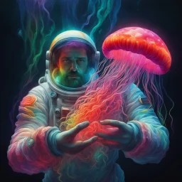 n astronaut holding a rainbow jellyfish in his hands, in the style of neon color palette, colorful fantasy realism, chaotic energy, dark colors, conceptual embroideries, luminosity of water, sparse, 32k uhd, realistic marine paintings, light red and light emerald, 16k resolution photorealistic, masterpiece, breathtaking intricate details, realistic and lifelike cgi, dramatic natural lighting, reflective catchlights, high quality CGI VFX fine art