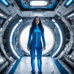 wide-angle photo of a very thin tall woman in an electric blue suit, with long glowing blue wavy hair, on a space station with views into space