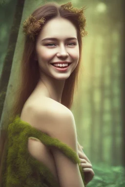 Beautiful smile of feminine girl in the forest in the 3PM in the afternoon ín 24K Resolutions, super HD, Professional PHOTOGRAPHY