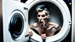 very skinny man upset he is unable to move damaged dryer