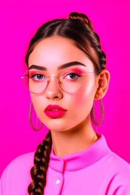 Very pretty girl behind a plain pink background with braided hair wearing glasses and earring