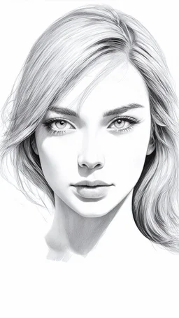 A beautiful face of woman all white skin, white eyes, white hair on a white background, pencil drawing style