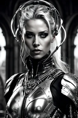 Generate an 8k image of a futuristic Hollywood superstar with android features, inspired by Luis Royo's art, wearing a metallic exosuit.In black and white, he draws the stages of human development from fetus to old age In a long room and a graveyard, and there is only one lighting source