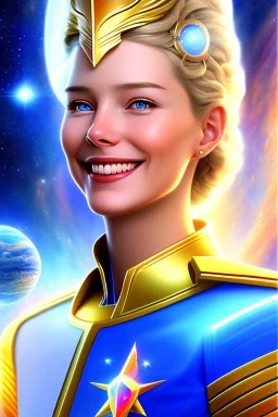 young cosmic woman smile, admiral from the future, one fine whole face, large cosmic forehead, crystalline skin, expressive blue eyes, blue hair, smiling lips, very nice smile, costume pleiadian,rainbow ufo Beautiful tall woman pleiadian Galactic commander, ship, perfect datailed golden galactic suit, high rank, long hair, hand whit five perfect detailed finger, amazing big blue eyes, smilling mouth, high drfinition lips, cosmic happiness, bright colors, blue, pink, gold, jewels, realistic