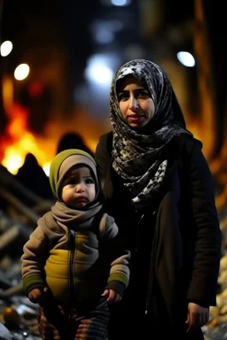 Palestinian girl wears Palestinian keffiyeh Carrying a nude small child ,at winter , Destroyed Buildings , with a Explosions, at night