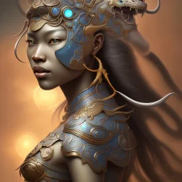 Sango fantasy, fantasy magic, intricate, sharp focus, illustration, highly detailed, digital painting, concept art, matte, art germ and Paul Lewin and Kehinde Wiley, masterpiece Indonesian lady head bronze tiger Asian African girl nice breast Thai hair turquoise silver waves