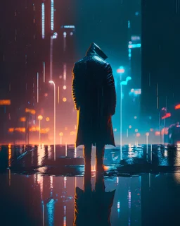 A striking and dramatic image of a lone figure standing in the rain, with a city skyline in the background and neon lights reflecting off the wet pavement, casting deep shadows and highlighting the figure's silhouette, photorealistic, 3d rendering, 8k, no noise,