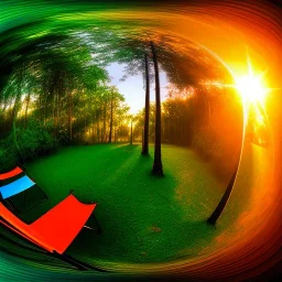 Sunset in a dense lush tropical jungle with lawn chairs, blue red and yellow. Warped. Fisheye. Bokeh.