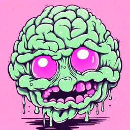 Vintage illustration of a slimy pink brain melting, cartoonist animation style, hand drawn, pastel color palette, gross art, pop punk, 90s anime inspired, airbrushing, post modern, horror cut, gradient chrome abberations, retro weird drawings