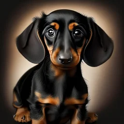 Disney style picture of a black and tan short hair dachshund puppy of 7 months. more black than tan, symmetric