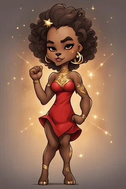 A fierce yet cute airbrushed black chibi Lioness cartoon girl standing proudly with her curvy body and head held high. Her brown skin has temporary golden Leo constellation tattoos. She raises her fist powerfully like a lion's paw, wearing a bold red dress representing her leadership qualities.