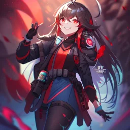 Clear focus,High resolution,High quality, Smiling,Wearing a Fortnite Inspired Outfit,Wearing black long socks, Black Long hair with a ahoge, Red eyes, Wearing black gloves, Bloody mess, Small pupils