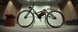 pinhole cam, airbrush 3d rendering, on tv screen:A five-second cinematic single take in a clean industrial presentation hall. A bizarre mechanically plausible tracked bicycle machine stands beside a presentation podium, designed to look like a giant mechanical praying mantis. Two large bicycle wheels form its main body and four thin articulated mechanical legs support it. Two long folded mechanical front arms resemble mantis forelegs