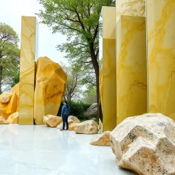 Un'immagine di un paesaggio naturale con marmi gialli imponenti accanto a strutture artificiali verticali e alberi. Queste strutture sembrano blocchi rettangolari riflettenti, come colonne di vetro, che creano un contrasto tra il naturale e l'artificiale. Persona osserva. Pavimento di marmo bianco con venature. La scena trasmette un senso di sospensione e dialogo tra elementi organici. Dettagli degli specchi e delle rocce molto accentuati.