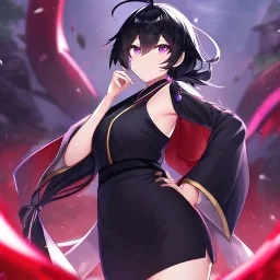 Clear focus, High resolution, Black hair, low small ponytail, purple dead eyes, japanese outfit, serious expression, one arm on hip, other hand free, purple red white and black outfit, short skirt, ahoge, (solo), hair between eyes