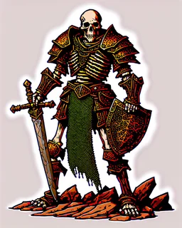 tabletop RPG skeleton warrior with sword and shield and rusted chainmail rpg art no background