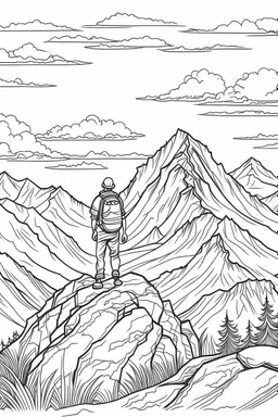 A hiker standing triumphantly on a mountain summit, gazing out over a vast landscape, symbolizes the conquest of challenges and the freedom of achievement.coloring book page, simple and clean line art, adult drawing book, black and white, crisp black lines, no shades, sharp lines, coloring book for adults, cartoon style, landscape