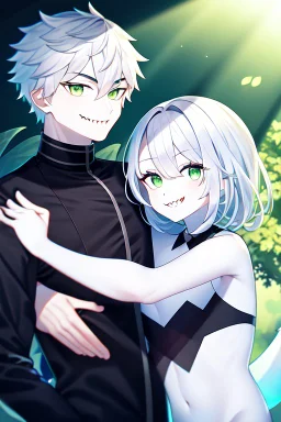 plauge doctor in balck leather clothes with silver hair, pale skin and bright green eyes smiling with sharp teeth, nice young face, male, viscious smile